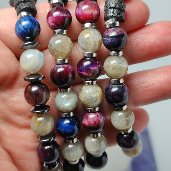 Labradorite, Blue/Purple Hawk's Eye natural gem Diffuser Bracelet - Hand Crafted - Picture 7 of 10
